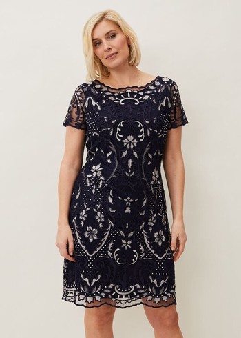 Phase Eight Lizzy Embroidered Dress Navy/White Canada | GPAFHT-352